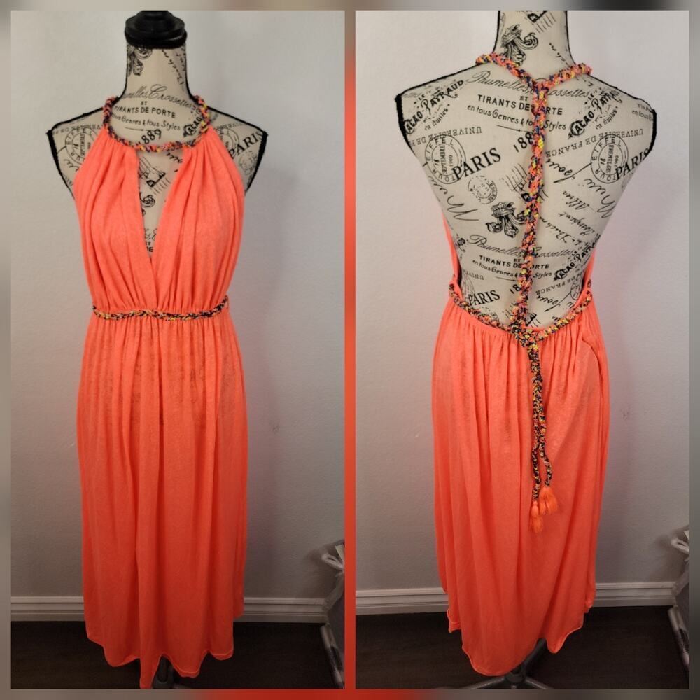 PITUSA Rainbow Braided Strap Maxi Dress Cover up Sz Standard S/M Coral NEW